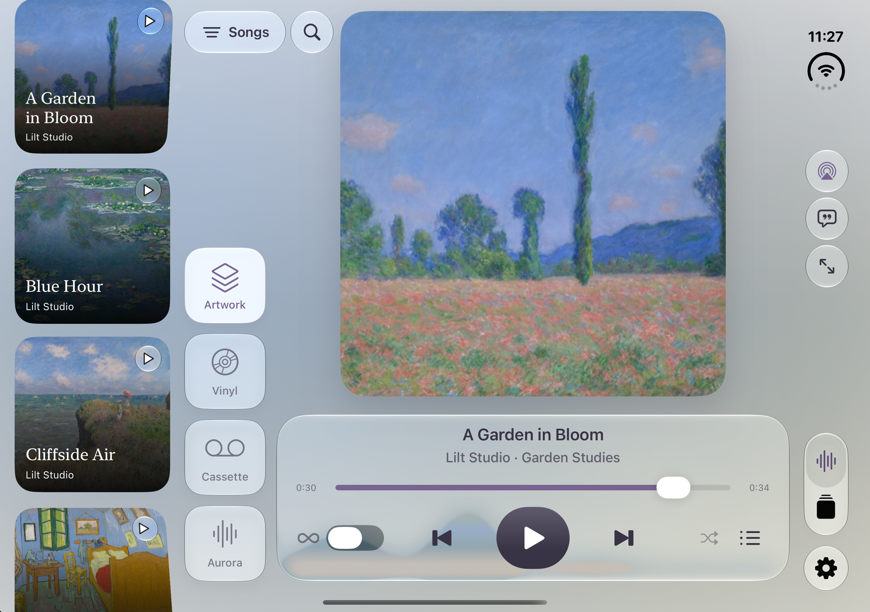Artwork listening view in off on the open iPhone Duo, with the collection and playback controls