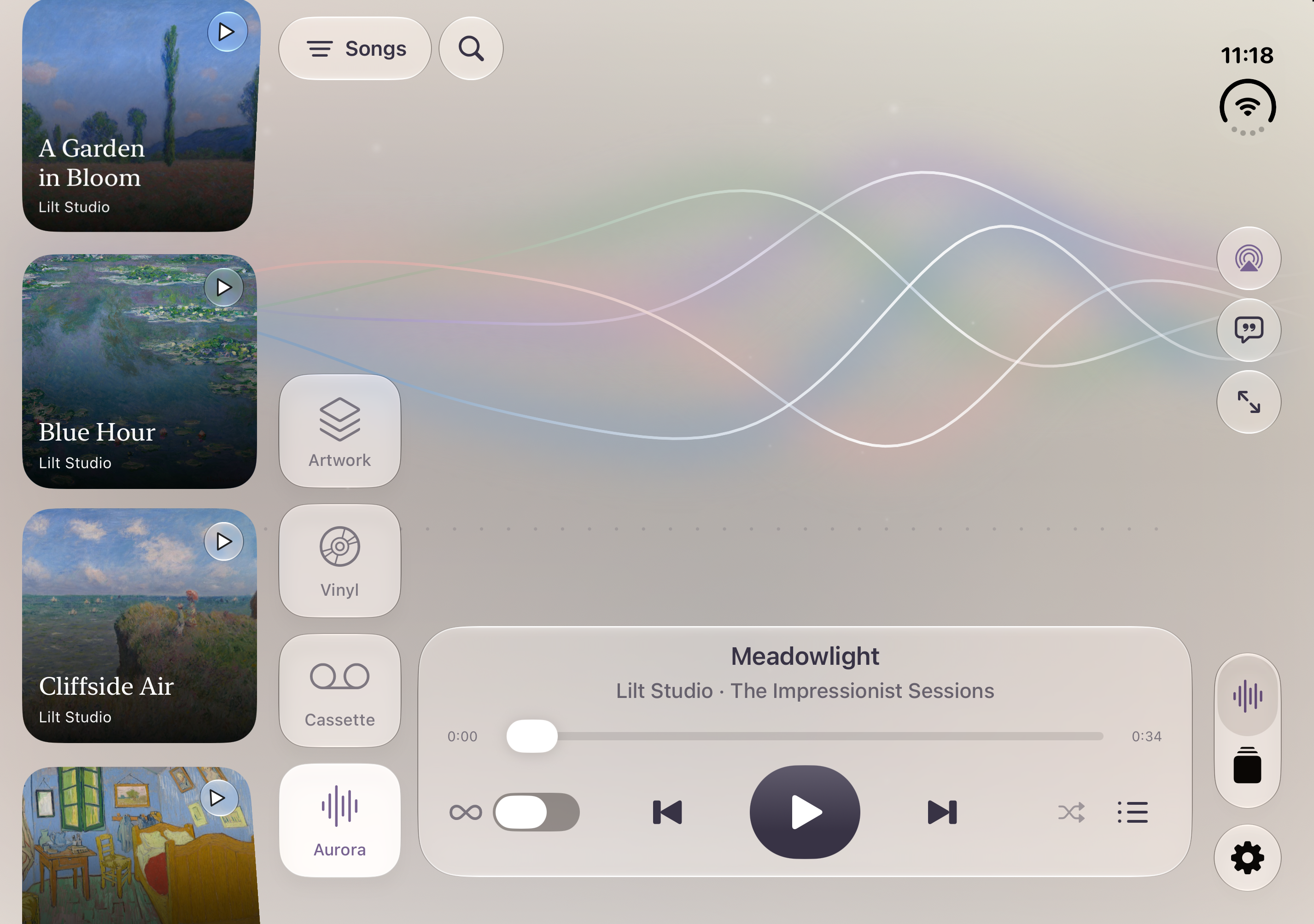 Aurora listening view in off on the open iPhone Duo, with the collection and playback controls