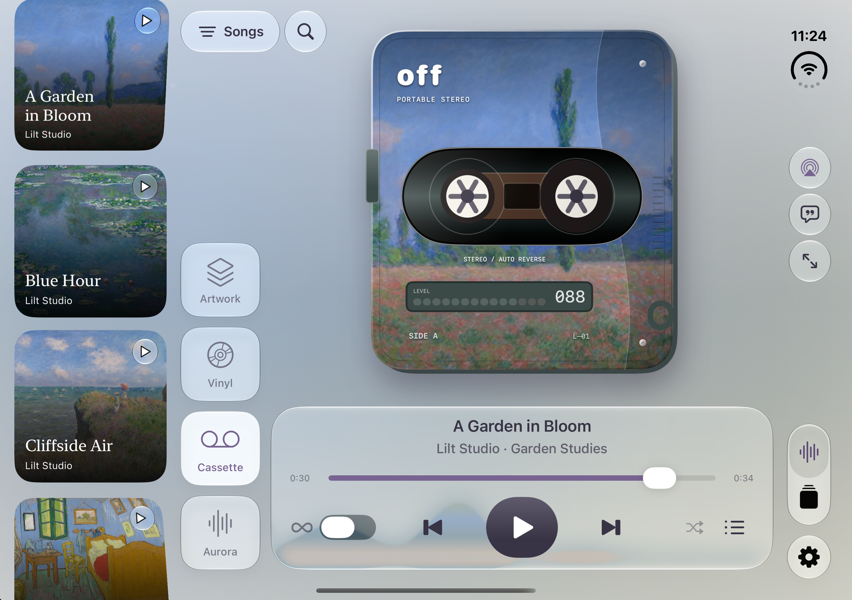 Cassette listening view in off on the open iPhone Duo, with the collection and playback controls