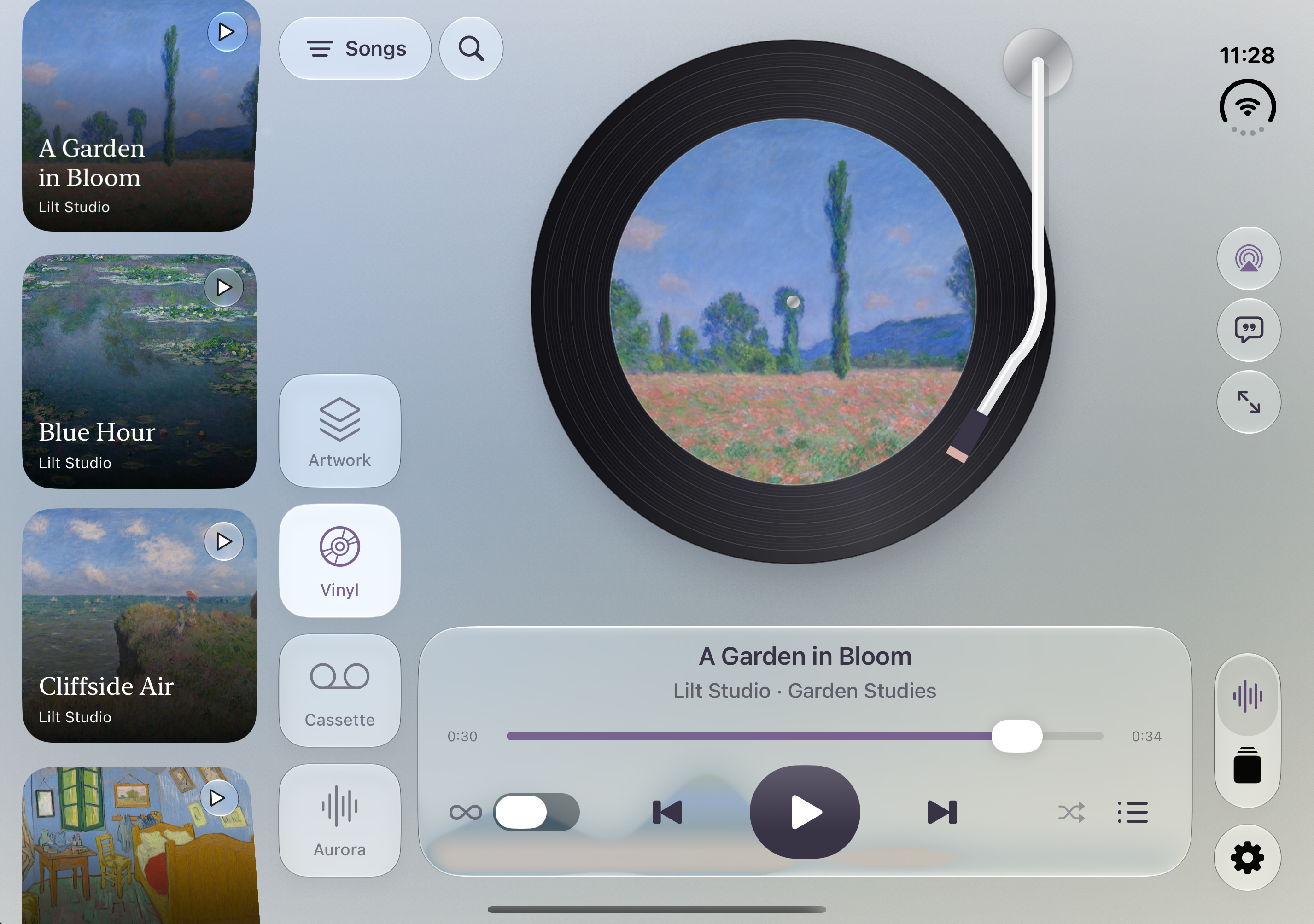 Vinyl listening view in off on the open iPhone Duo, with the collection and playback controls