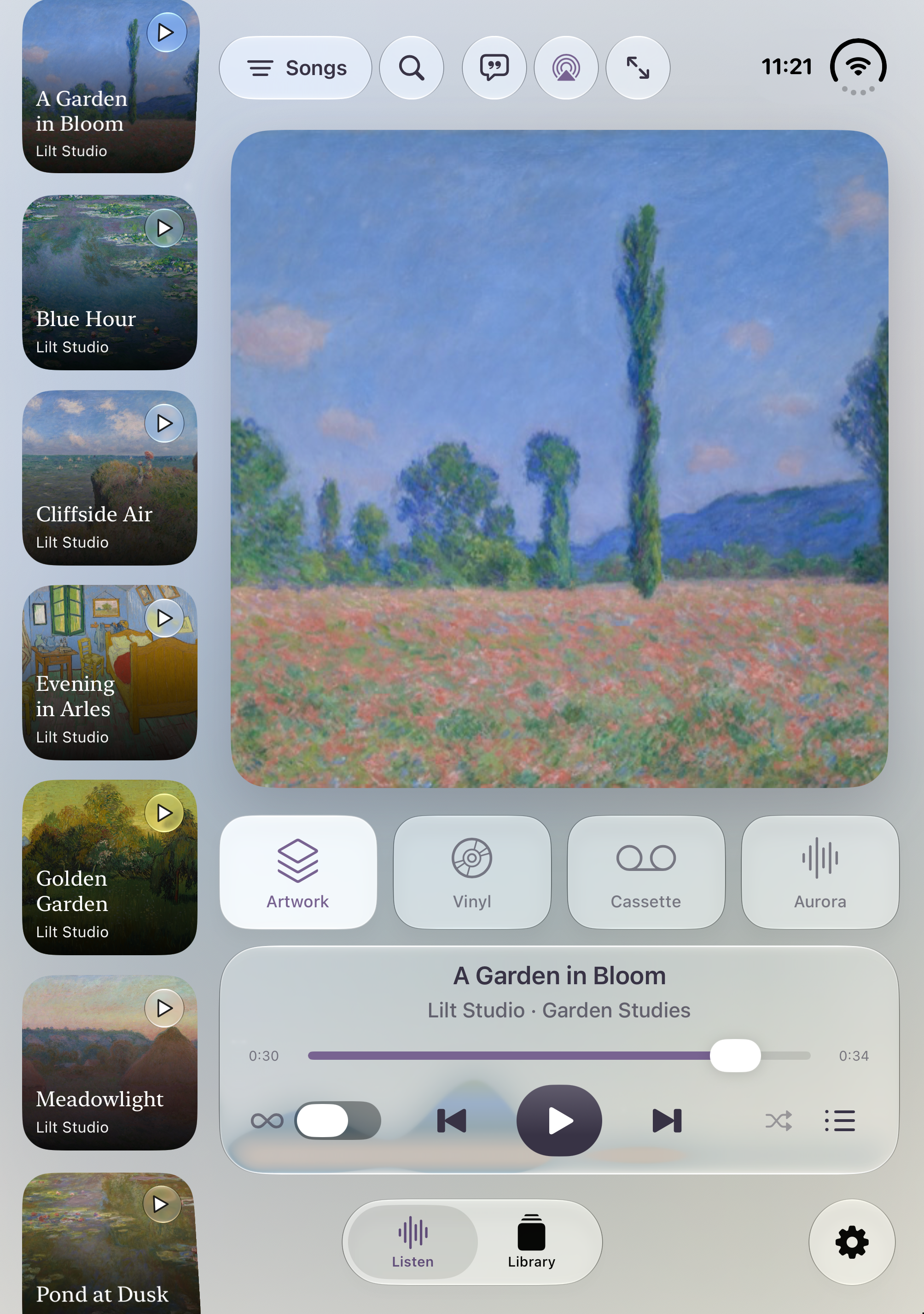 Artwork view on the open iPhone Duo in portrait, with a collection of album covers beside the player